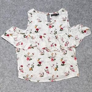 Bershka BSKGIRL Kids White Floral Cold Shoulder Ruffle Blouse Youth Small